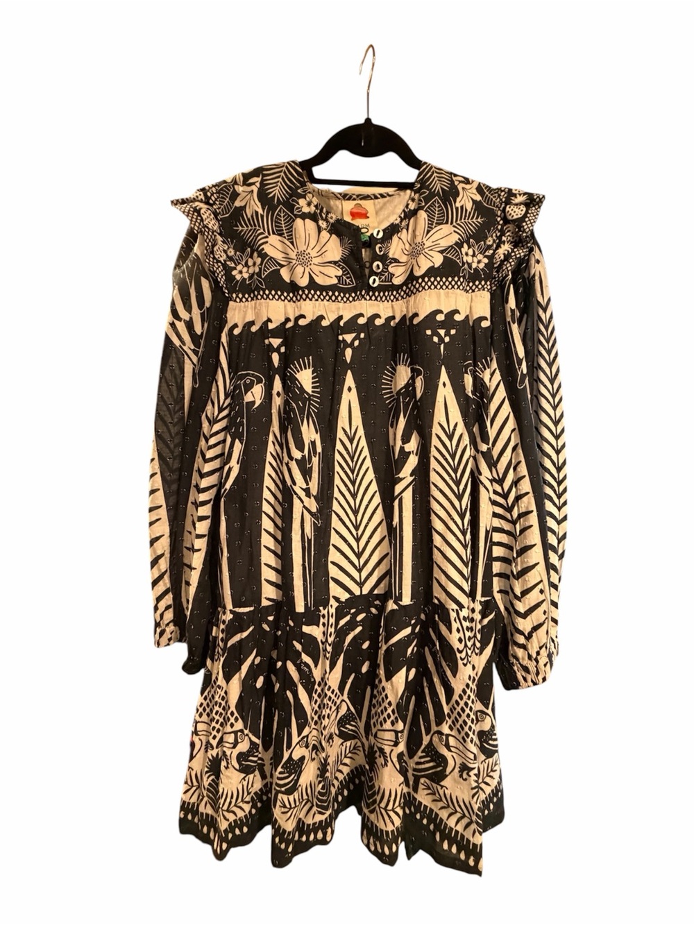 Farm Rio Black and Cream Floral Print Long-Sleeve Women’s Dress
